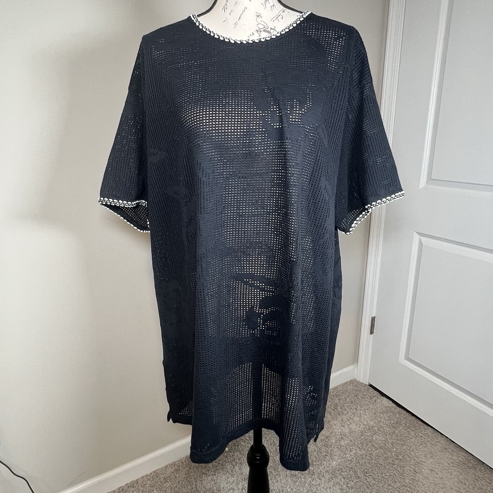 VTG 90s In Gear Textured Rose Oversized Tunic/ Cover Up Floral Jacquard L Black